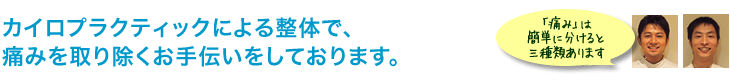 カイロプラクティックによる整体で、痛みを取り除くお手伝いをしております。